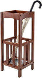 Pemberly Row Transitional Solid Wood Umbrella Stand with Tray, Walnut Finish, 26.77 in Height, Single Shelf Storage, Compact Entryway Organization Piece for Hallway or Foyer
