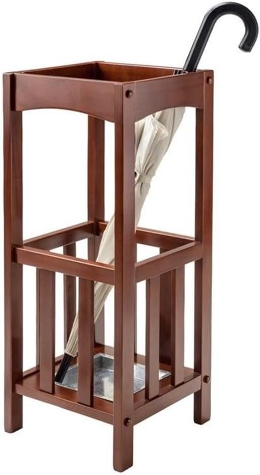 Pemberly Row Transitional Solid Wood Umbrella Stand with Tray, Walnut Finish, 26.77 in Height, Single Shelf Storage, Compact Entryway Organization Piece for Hallway or Foyer