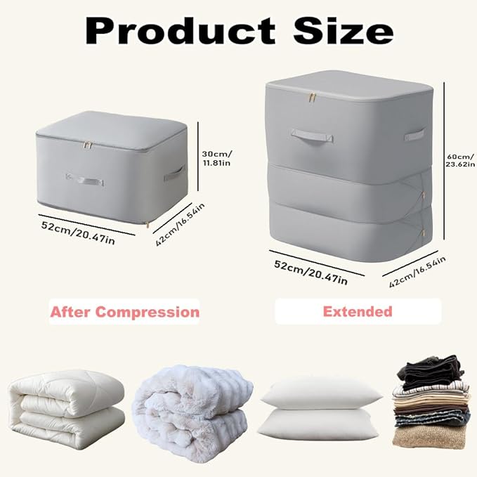 Ultra Space Saving Self Compression Organizer, 3-Layer Zipper Large Capacity Storage Bag, Thick Satin Fabric Heavy Duty Bags for Comforters Blankets Bedding Duvet (Gray, X-Large, 21x17x24in)