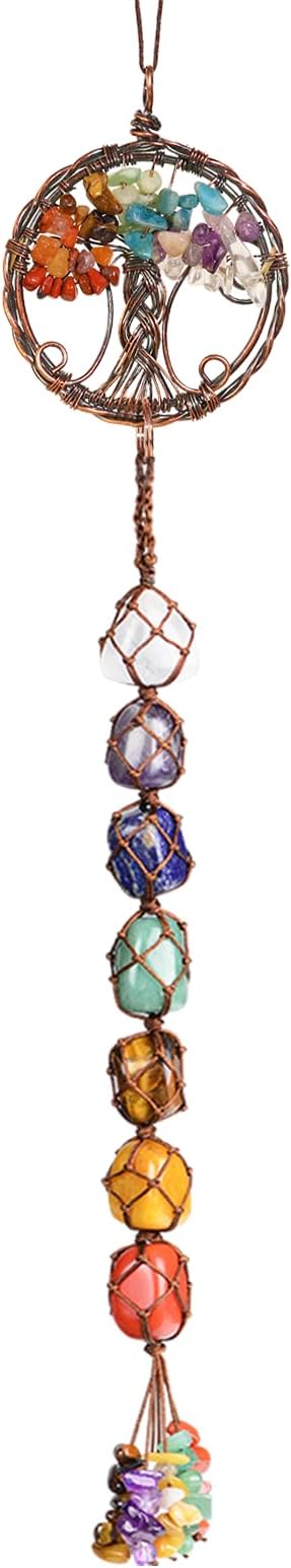 Handmade Crystal Window Car Hanging Ornaments 7 Chakra Home Decoration Feng Shui Ornament Yoga Meditation Car Decoration Tumbled Palm Stones (Style12)