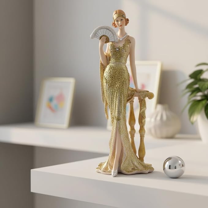 Comfy Hour 13" Glamour Elegance Victorian Art Figurine, Camille Lady with Fan Statue, Roaring 20s Art Deco Style Home Decor Accent, Polyresin Artisan Crafted Sculpture, 1 Unit (Gold)