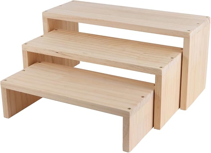 3-Tier risers display stands, Wooden Retail Display Rack for retail Rustic Tabletop Display rack for cupcakes, collectibles,jewelry, perfum, Funko Pop Figures