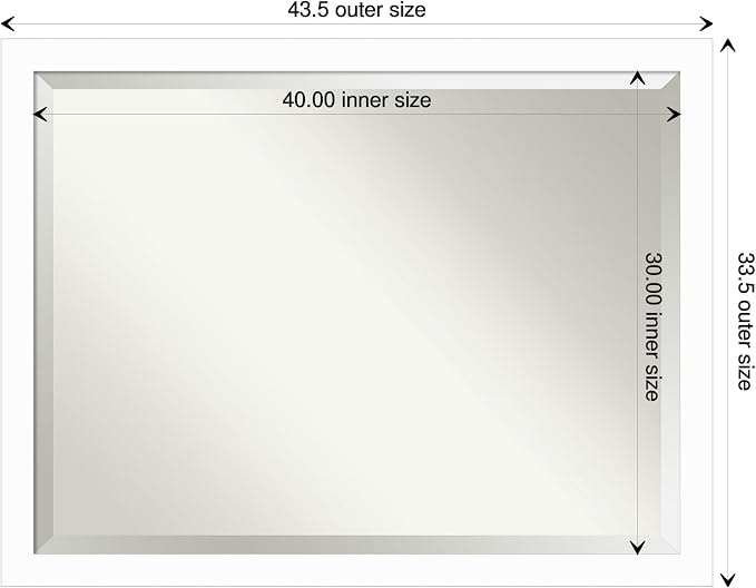 Amanti Art White Wall Mirror 33x43 Basic White Narrow Rectangle Bathroom Mirror for Wall Decor Living Room, X-Large Casual Wood Frame, Hangs Horizonally and Vertically, Bathroom Decor, Beveled Edge