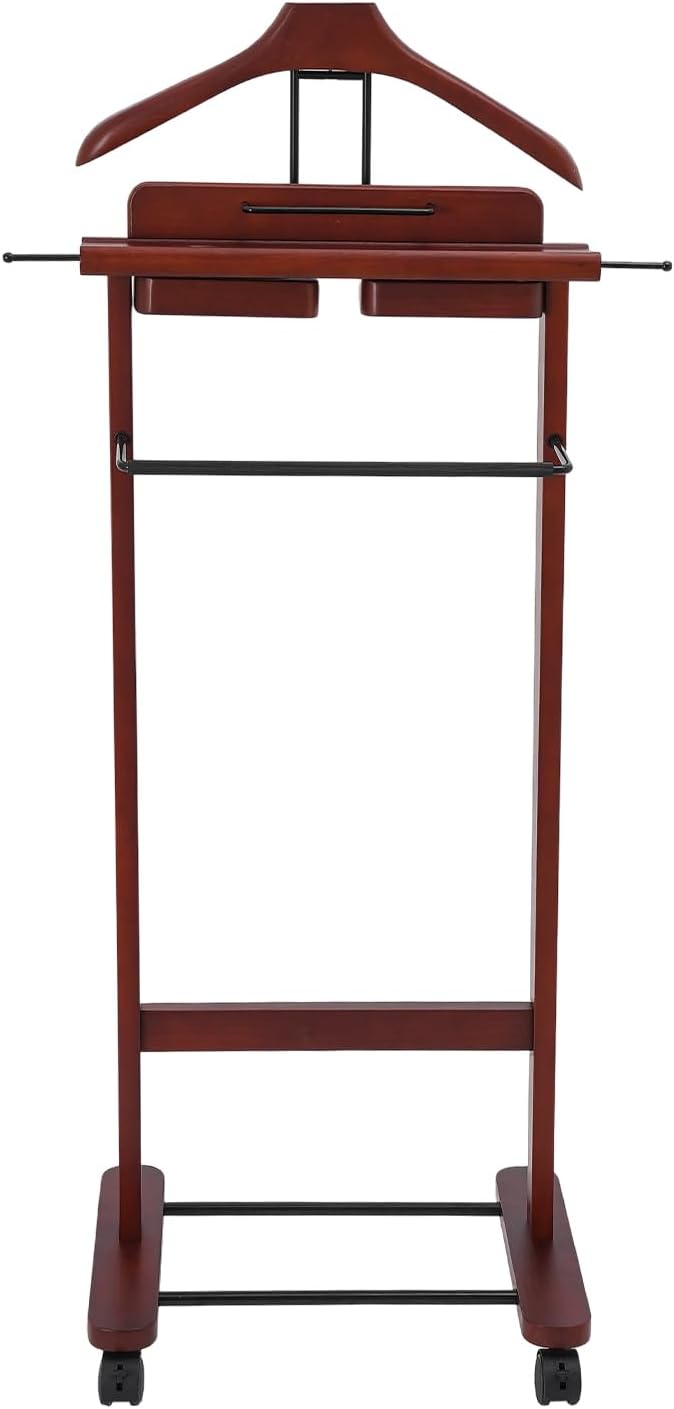 Clothes Valet Stand, Wood Valet Stand Suit Rack Stand with Drawer for Men/Women, Contour Hanger, Trouser Bar, Belt Hooks Shoe Rack, Freestanding Valet Stand (Reddish Orange)