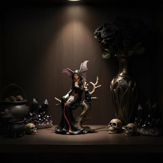 Comfy Hour 7.5" Gothic Fairy Witch Figurine, Fantasy Sorceress with Skull and Black Cat on Withered Tree, Spooky Home Office Desktop Decor, Hand-Cast Polyresin Statue, 1 Piec