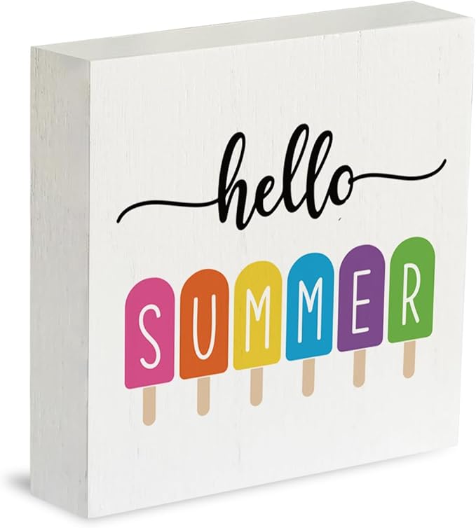 IYEZH Farmhouse Hello Summer Popsicles Wooden Box Sign Rustic Country Summer Box Sign Wood Sign Decor Summer Square Wood Sign Home Desk Tabletop Shelf Decor 5 x 5