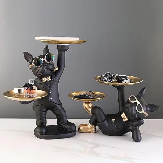 Cool Resin Dog Statue with 2 Trays and Cute Glasses Black French Bulldog Figurine Ornaments Animal Sculptures Home Decor Anniversary Thanksgiving Christmas Birthday Gifts