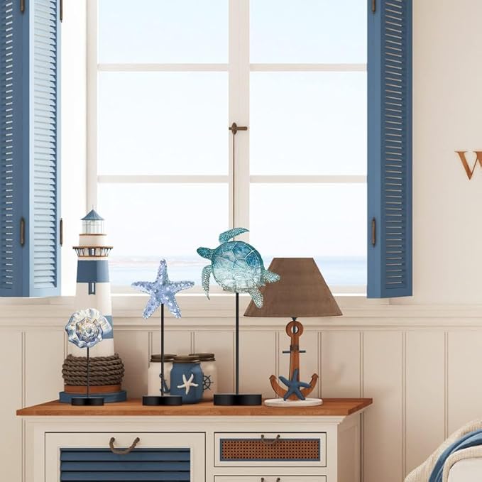 Maitys 3 Pcs Sea Table Decor Coastal Turtle Starfish Decor Ocean Beach Centerpieces Nautical Standing Block Wooden Centerpiece Sign for Summer Holiday Seasonal Home Kitchen