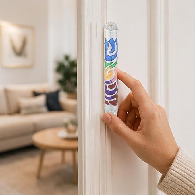 Matashi Hand Painted Multi Color Enamel 6 inch Mezuzah Embellished with Hebrew Shin Home Door Wall Decor Home Décor Jewish Holiday Housewarming Present House Blessing Gift for Holiday Festival