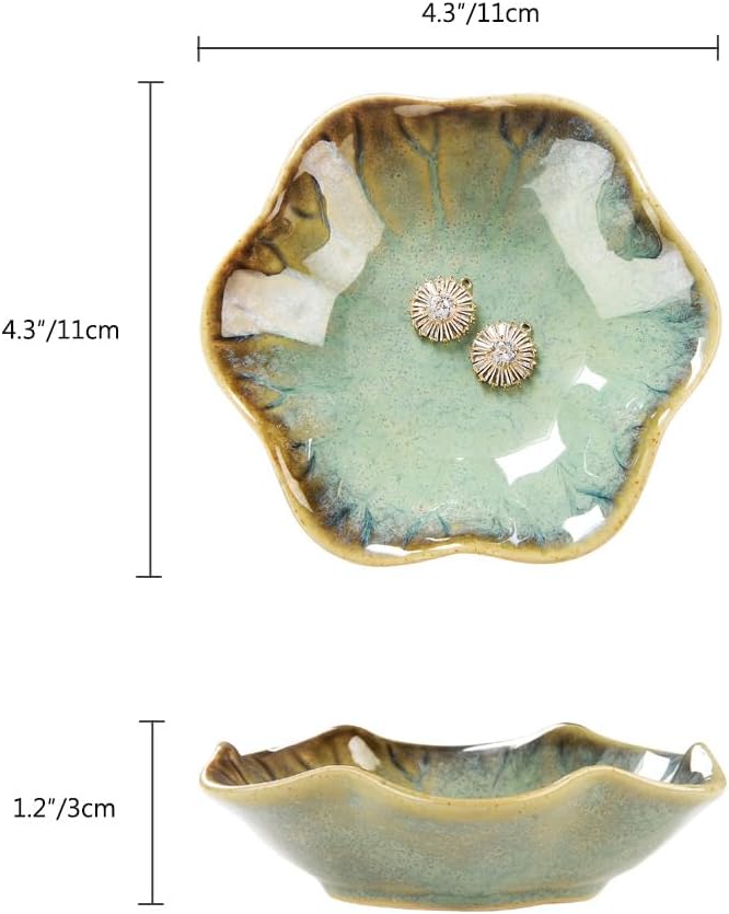 2PCS Lotus Leaf Shape Ring Holder Dish, Small Key Bowl, Ceramic Trinket Tray Jewelry Dish Organizing Necklace Earrings for Mom Friend Sister, All Jewelries Are NOT Included.White+Crystal Green.