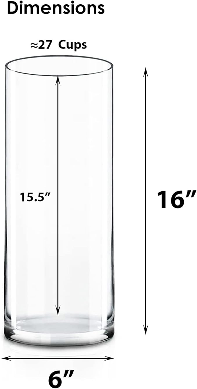 CYS EXCEL Cylinder Clear Glass Vase (H-16" D-6") | Multiple Size Choices Glass Flower Vase Centerpieces | Hurricane Floating Candle Holder Vase