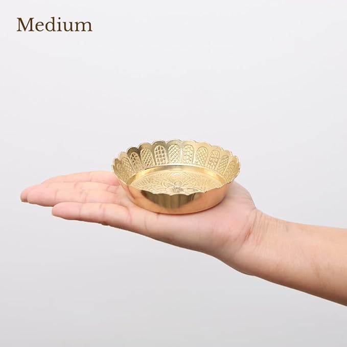 Shubhkart Solid Brass Decorative Nakshi Plate Set for Puja, Decoration & Diwali Gifting (Medium 9.5 cm, Pack of 3, Solid Brass)