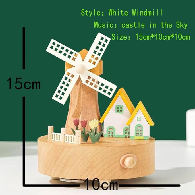 Natural Solid Wood Handcrafted Beech Wooden, Musical FigureTotoro/Carousel/Fairy/Ballerina Figurine,Rotating Hand Crank Mechanism Music Box,Musical Decorations (White Windmill)