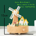 Natural Solid Wood Handcrafted Beech Wooden, Musical FigureTotoro/Carousel/Fairy/Ballerina Figurine,Rotating Hand Crank Mechanism Music Box,Musical Decorations (White Windmill)