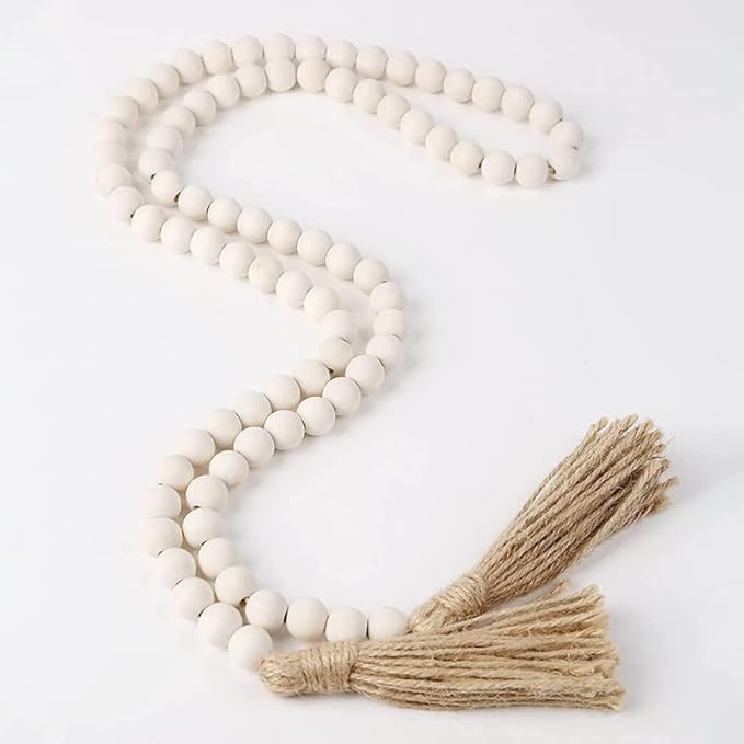 2 Pcs 58.2in 16mm Wood Bead Garland Farmhouse with Tassels,Versatile Prayer Beads Boho Chic Wall Hanging Home Decor，Beige