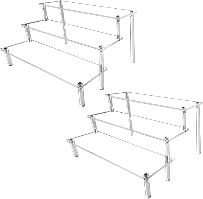 AZEAM Acrylic Riser,2 Pcs Clear Display Risers Stand Cologne Organizer Acrylic Shelves 3 Tier Shelf for Amiibo Funko POP Figures Cupcake Food Desserts Holder Perfume Collection Cosmetic Product