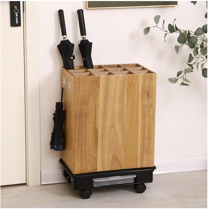 zktoermn Square Umbrella Stand Rack with Wheels, Wooden Umbrella Organizer Bin, Retro Indoor Umbrella Holder for Entryway, Office, Home(Natural,42x28x61cm)