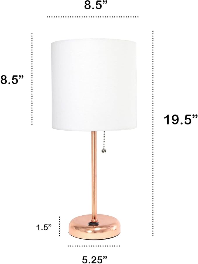 Oslo 19.5" Contemporary Bedside Power Outlet Base Standard Metal Table Desk Lamp in Rose Gold with White Drum Fabric Shade