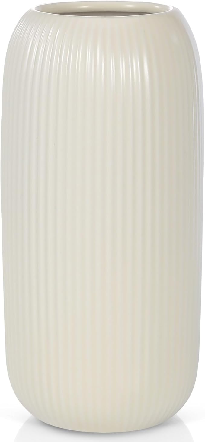 Ceramic Vase for Flowers – Modern Small Ribbed Textured Flower Vase for Home Decor, Pampas Grass, Decorative, Farmhouse, Coffee Table, Kitchen Centerpieces, Bookshelf and Home Living (Beige)