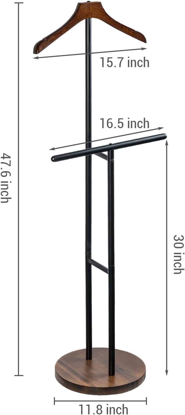MyGift Modern Garment Valet Stand with Rustic Burnt Solid Wood Coat Clothes Hanger, Round Wooden Base, and Industrial Matte Black Metal Bag Holder for Women