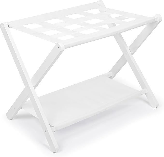 VASMIA Luggage Rack,Bamboo Suitcase Stand with Storage Shelf,Folding Luggage Stand for Guest Room,Hotel,Bedroom,Heavy-Duty, Holds up to 131 lb, White