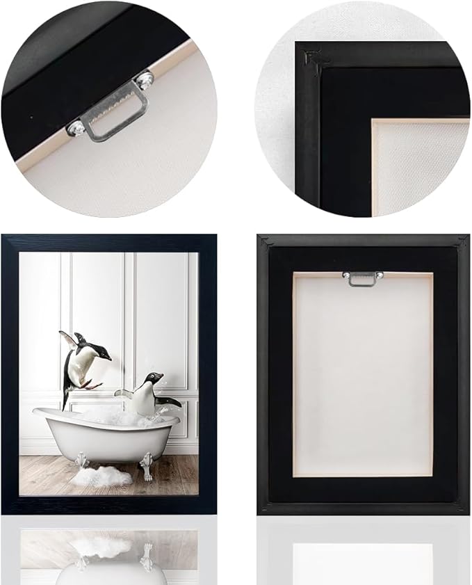 Framed Kids Bathroom Decor Funny Bathroom Wall Art Black and White Wall Decor Cute Penguins in Bathtub Canvas Print Painting Farmhouse Animal Artwork