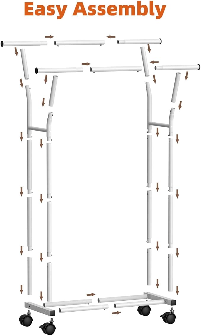Luxspire Double Rods Clothes Rack for Hanging Clothes, Rolling Clothing Rack with Side Hooks, Bottom Shelves, 360° Wheels, Garment Racks for Bedroom, Laundry, Living Room, White