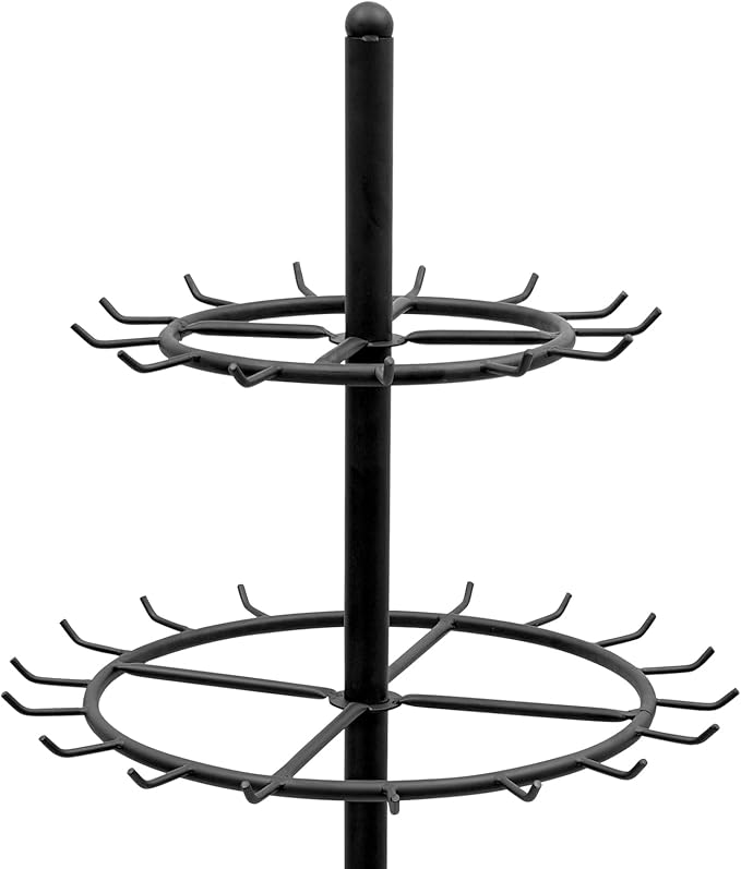 Belt Display Stand with 31 Hooks – Black Steel Double-Tier Tie & Scarf Organizer, 66.1" Tall, Heavy Duty Rotating Rack for Belts, Ties, Scarves, Home, Closet, Boutique, Clothing Store