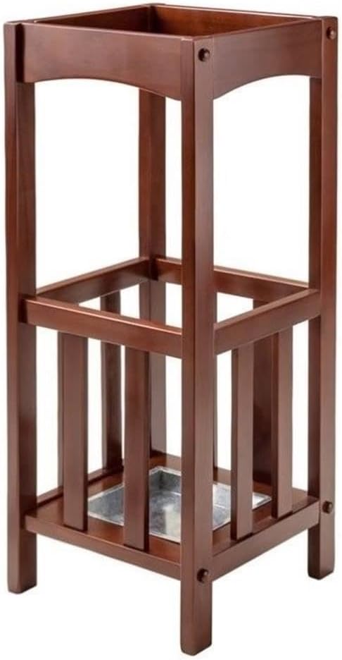 Pemberly Row Transitional Solid Wood Umbrella Stand with Tray, Walnut Finish, 26.77 in Height, Single Shelf Storage, Compact Entryway Organization Piece for Hallway or Foyer