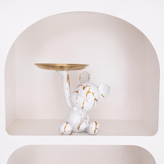 Bear Jewelry Tray Organizer for Keys, Lipsticks, Earrings and Accessories, Bear Statue Suitable for Living Room, Office, Entryway Table and More (White & Gold)
