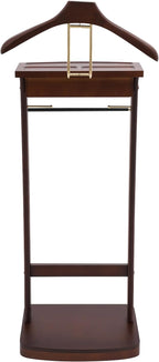 Wooden Freestanding Clothes Stand with Sturdy Base, Multi-functional Suit Valet Stand, Coat Rack with Top Drawer, Tie Hangers, and Storage Compartments for Office, Bedroom, Living Room (Walnut Color)