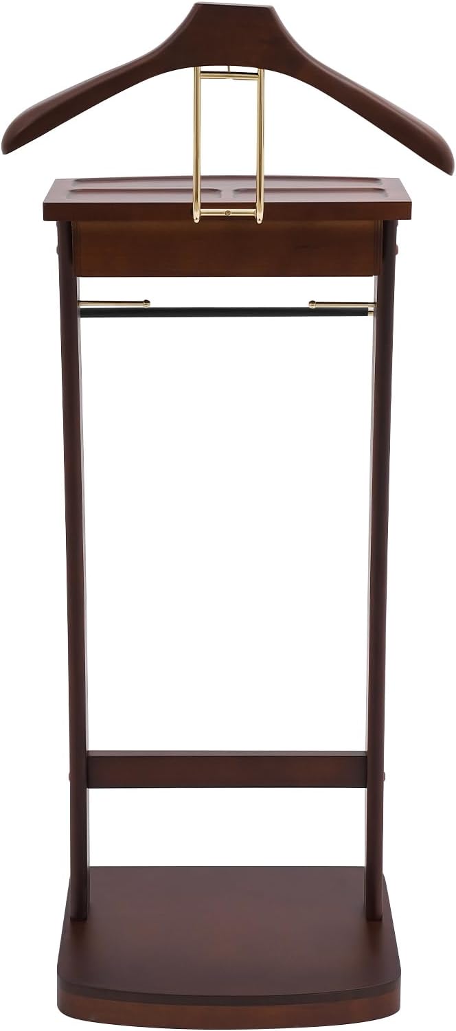 Valet Stand with Drawer and Top Tray, Wood Mens Suit Valet Stand with Wood Base, Freestanding Clothes Valet Stand with Hanger, Storage Organizer for Entryway Office Living Room (A, Walnut Color)