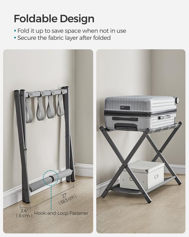 SONGMICS Luggage Rack for Guest Room, Suitcase Stand with Storage Shelf, Steel Frame, Foldable for Easy Storage, Hotel, Bedroom, Slate Gray URLR003G01