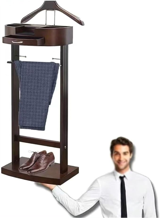 Suit Stands Butler Clothing Racks Wood Suit Valet Stand Clothes Rack with Base Floor Standing Suit Hanger Rack with Drawer, Top Tray,for Office Living Room Bed Room ﻿43X33.5X107CM(Brown)