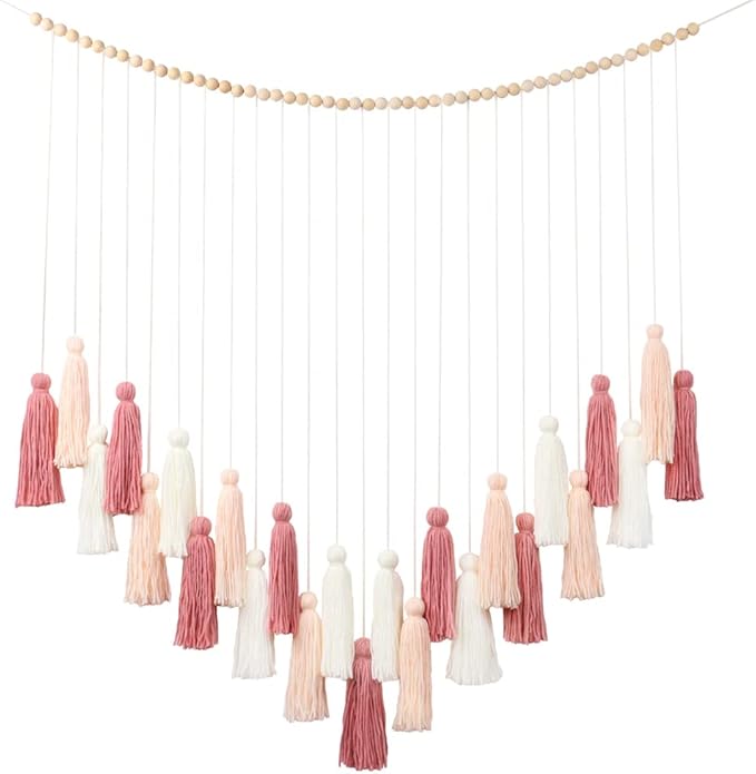 DrCor Blush Pink Boho Macrame Wall Hanging – Handmade Rose Gold Tassel Decor for Nursery, Dorm, Baby Shower, Wedding, Cozy Home or Classroom Display