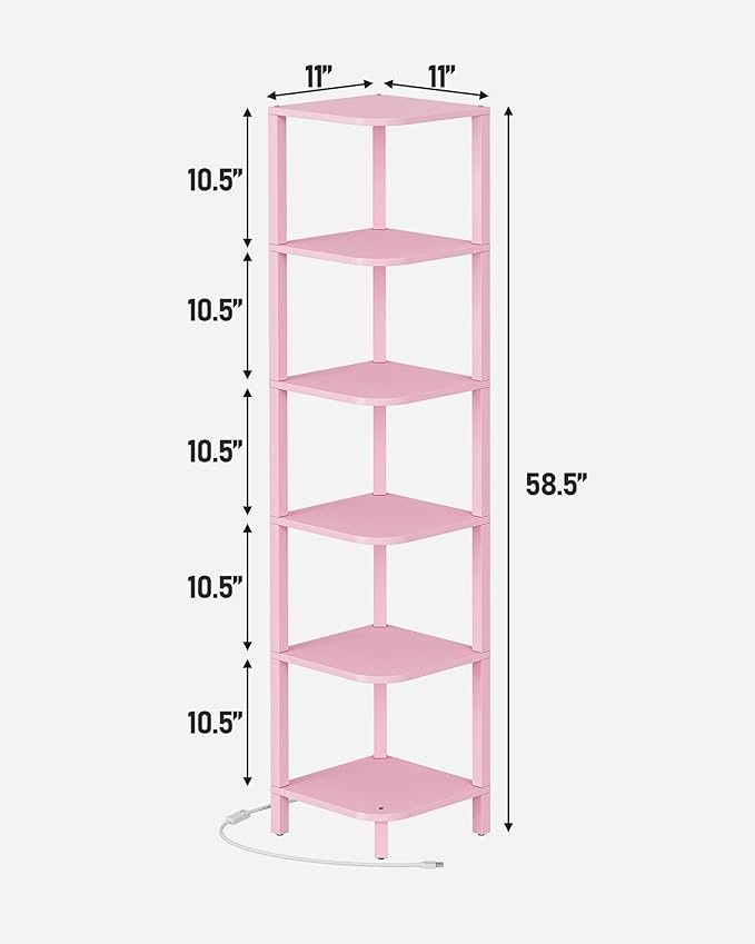 TUTOTAK Corner Shelf with LED Light, 6-Tier Corner Bookshelf for Small Space, Narrow Display Corner Shelf Stand with Storage Rack, for Living Room, Bedroom, Pink BS08BP006L