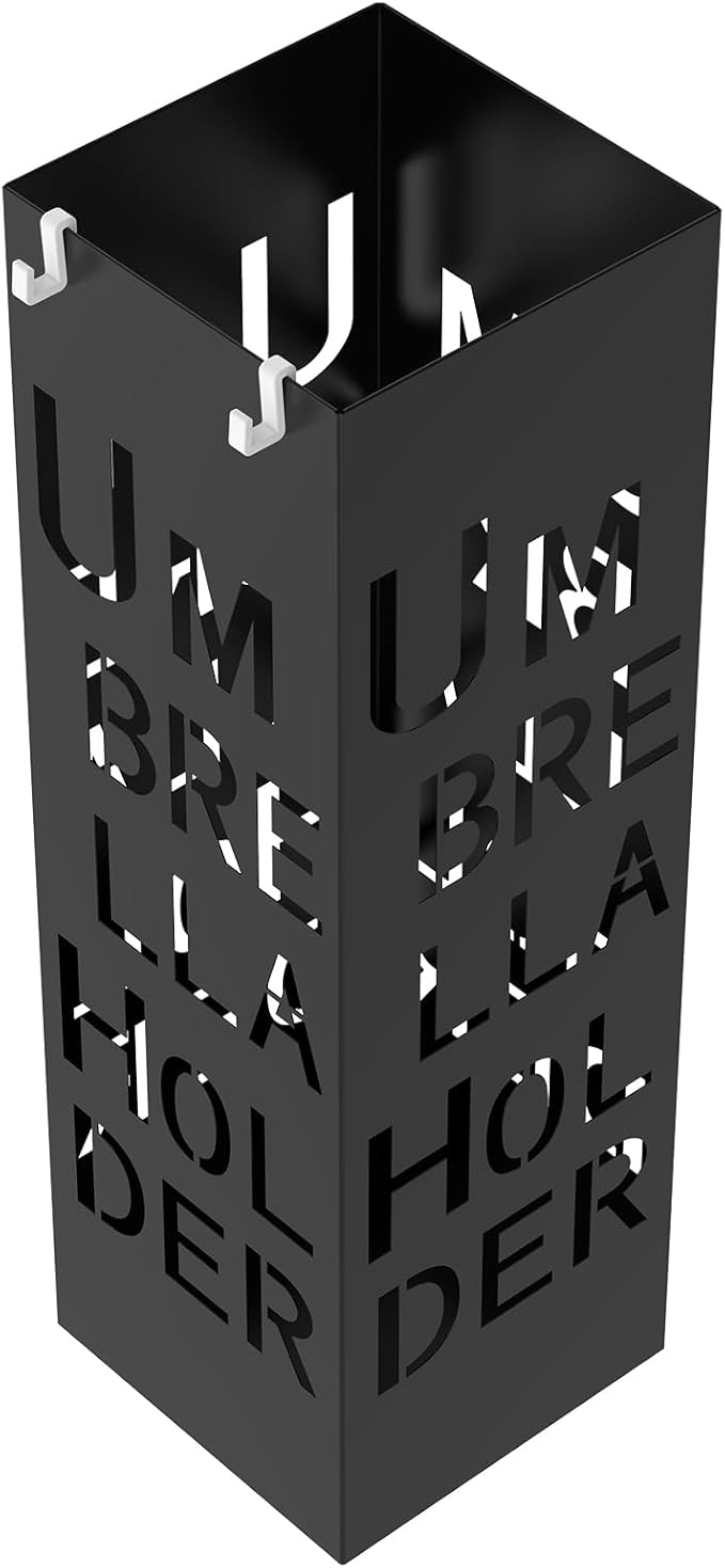 Square Metal Umbrella Holder, Square Free Standing Umbrella Rack Decorative Umbrella Holder Hollow Cutout Pattern Design for Umbrella Cane Entryway Home Office 19.49" X 6.1" X 6.1"(Black hollowed out)