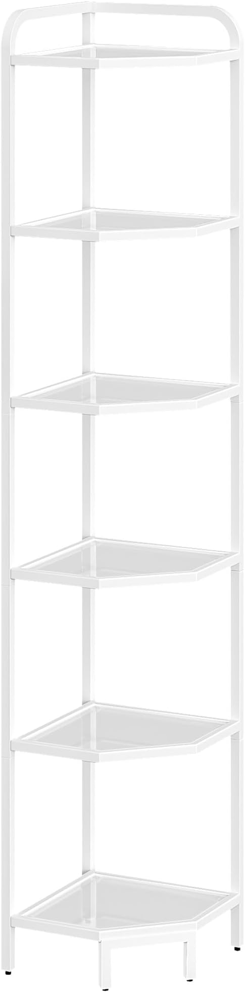 Hzuaneri Corner Shelf Stand,6-Tier Glass Bookshelf Bookcase, Bathroom Organizer, Plant Stand, Steel Frame, Tempered Glass, Modern Style for Living Room, Bathroom, Kitchen, White CS90613W