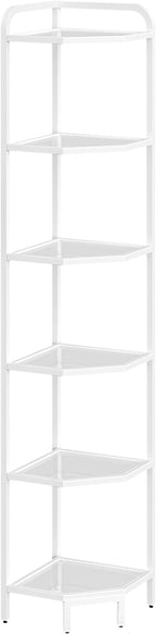 Hzuaneri Corner Shelf Stand,6-Tier Glass Bookshelf Bookcase, Bathroom Organizer, Plant Stand, Steel Frame, Tempered Glass, Modern Style for Living Room, Bathroom, Kitchen, White CS90613W