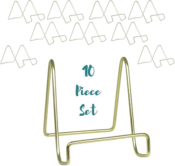 Plate Stands for Display 4 Inch – Brass Gold Metal Display Easel Stand for Decorative Plates, Picture Frames, Books & Photos – Stable Metal Plate Holder Display Stand for Shelf & Tabletop Décor – 10 Pack