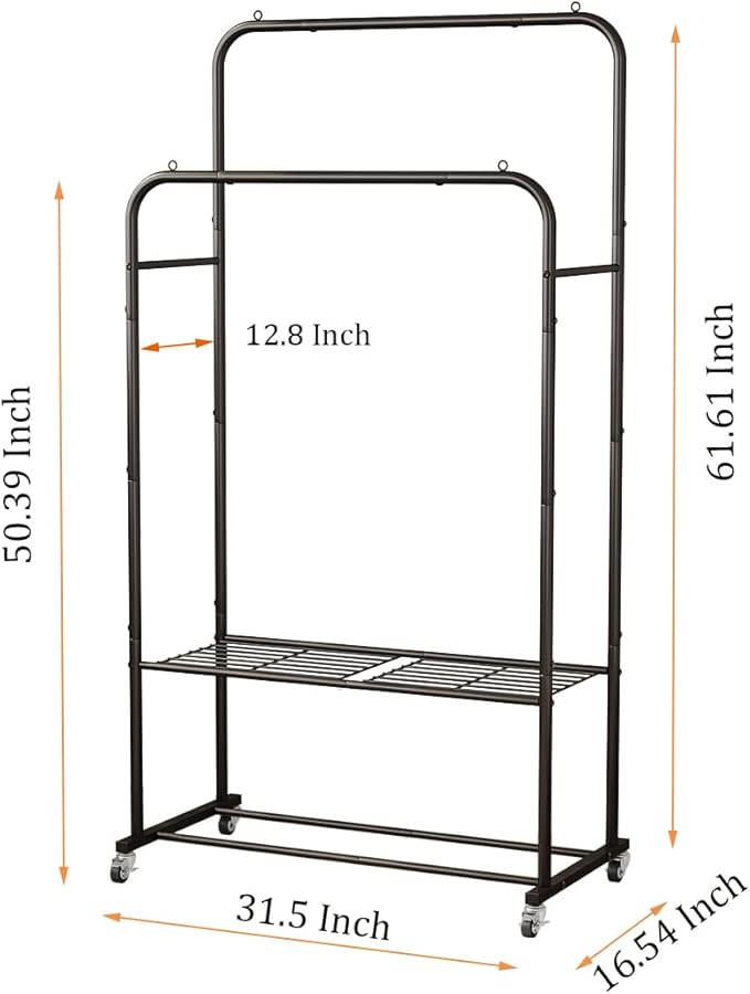 SUOERNUO Clothes Rack with Wheels Garment Rack for Hanging Heavy-Duty Clothing Rack Metal Rolling Clothes Shelves for Bedroom, Closet (Black)