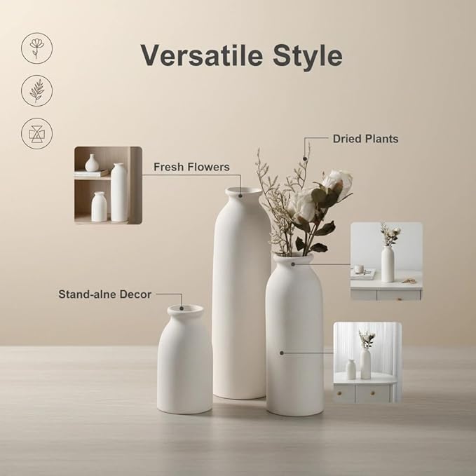 CEMABT White Ceramic vase Set-3 Flower vases for Decor,Modern Boho Farmhouse Home Decor,Decorative vase for Pampas Grass&Dried Flowers,idea Shelf,Table,Bookshelf