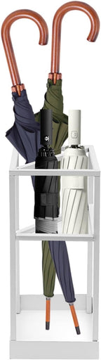 Umbrella Stand, 2-Tier Umbrella Holder with Drip Tray for Entryway, Freestanding Umbrella Rack Organizer for Walking Sticks & Canes, White Iron Modern Design for Home Office Hallway