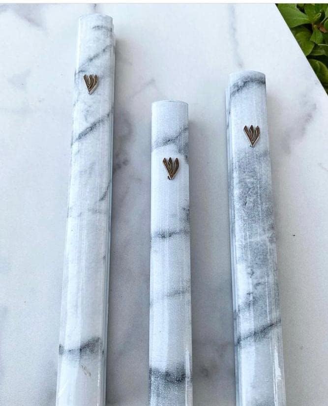 A&S Mezuzot Aluminum Mezuzah Case with 3D Painted Shin Design Easy Peel and Stick Judaica Door Mezuzah for Parchment Scroll (White Marble, 7 Inches)