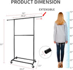 Black Simple Standard Rod Rolling Clothing Garment Rack, Metal Clothes Organizer with Lockable Wheels
