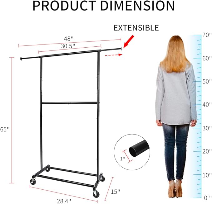 Black Simple Standard Rod Rolling Clothing Garment Rack, Metal Clothes Organizer with Lockable Wheels