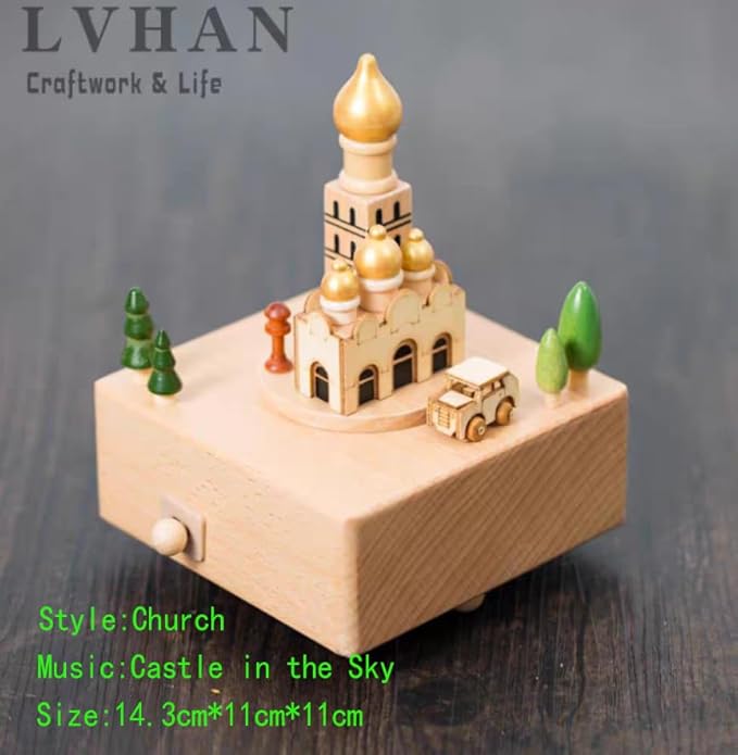 Natural Solid Wood Handcrafted Beech Wooden, Musical FigureTotoro/Carousel/Fairy/Ballerina Figurine,Rotating Hand Crank Mechanism Music Box,Musical Decorations (Church)