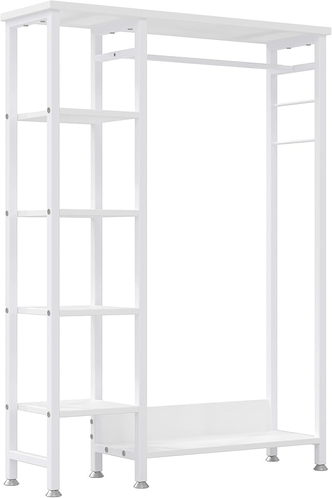 VECELO Open Garment Clothing Rack, Free-Standing Heavy Duty Storage Closet with 5 Shelves and Hanging Rod for Small Spaces, Max Load 350LBS, White
