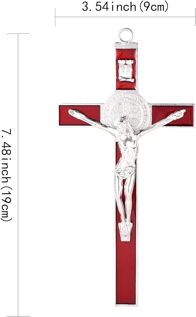 VINETEN Crucifix- Saint Benedict Crucifix Wall Cross Metal Wall Art-Cross Give Blessing and The Spiritual Sacred 8 Inch Red