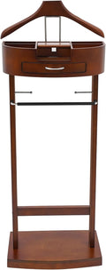 Valet Stand for Men, Wood Suit Valet Stand with Drawer for Women Wood Clothing valet stand with Top Tray, Contour Hanger, Trouser Bar and Shoe Rack Organizer